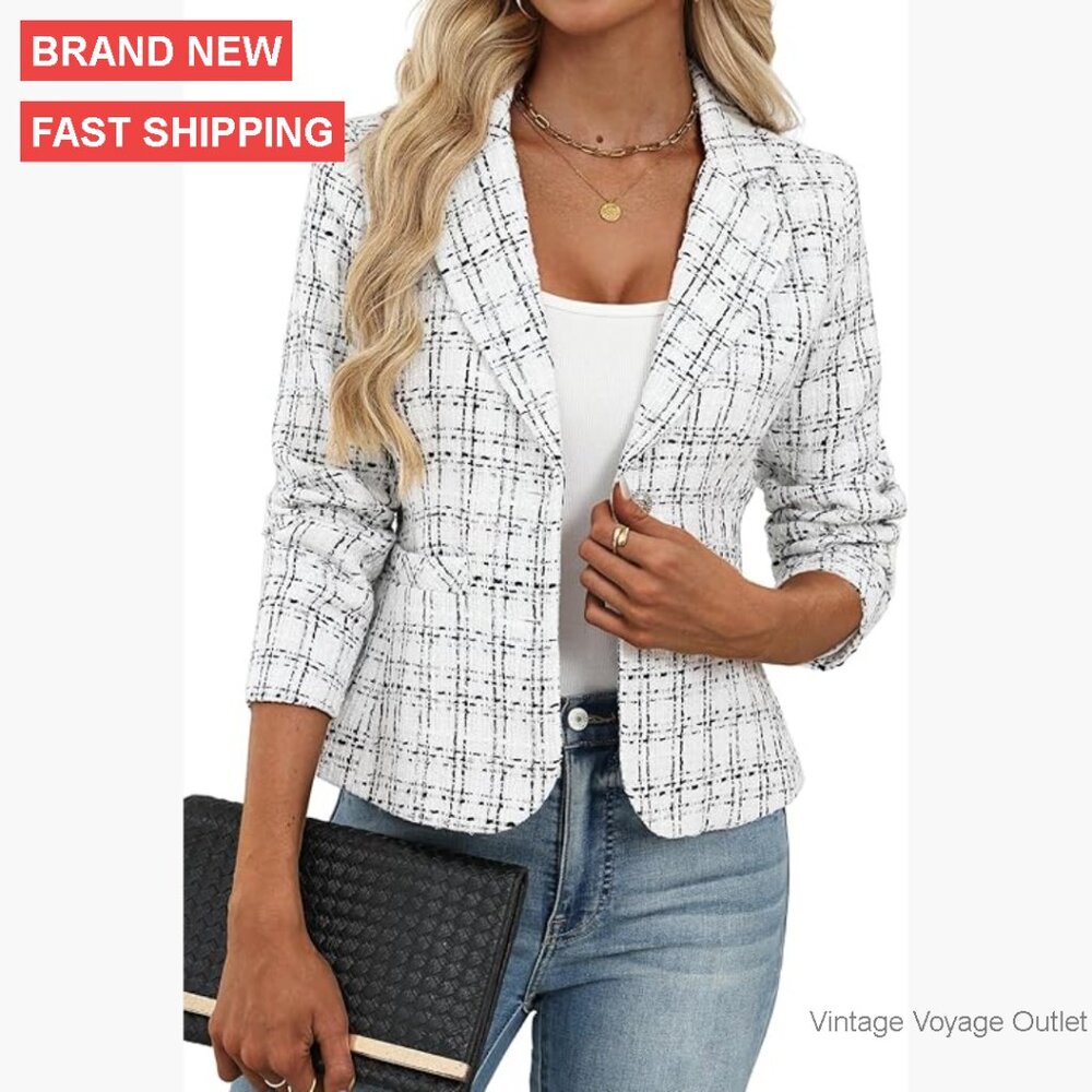 Slim Fit Tweed Blazer with Notch Lapel and Pockets for Business Casual
